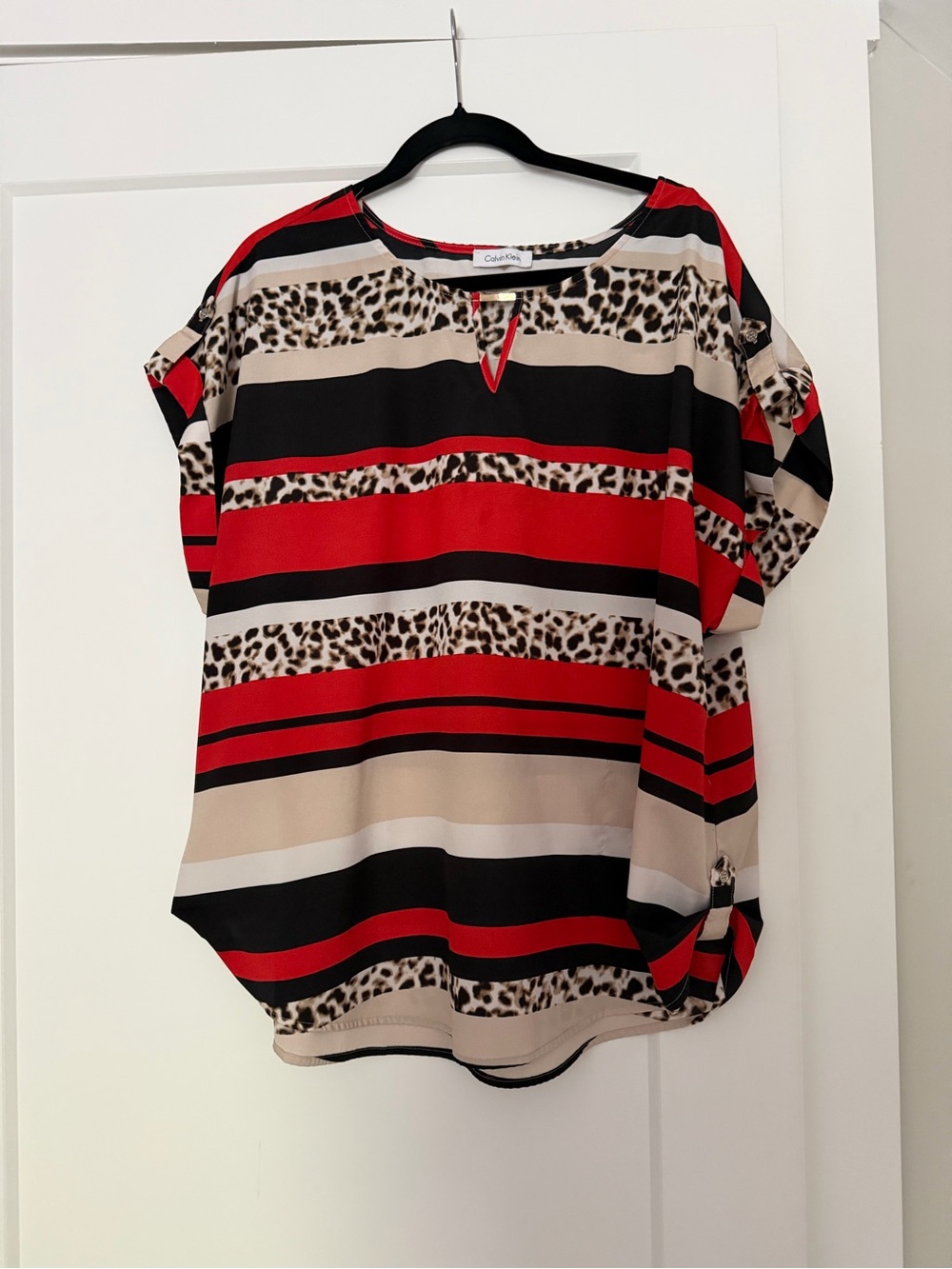Calvin Klein Red, Black & Tan Striped Leopard-Accent Blouse
